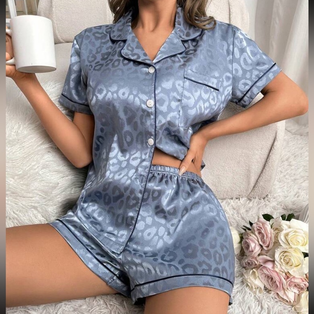 Blue cheetah print satin pajamas
